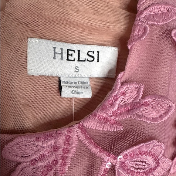 NEW HELSI Christy Scalloped Long Sleeve Pink Floral Applique Mini Dress Sz S - Picture 4 of 12